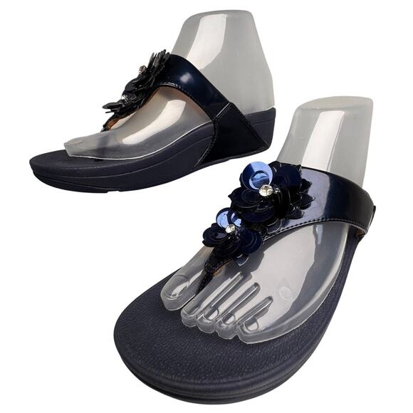 FitFlop Lulu Wildflower Navy Sequin Thong Sandals Shoes Women US Sz 6 Comfort EC - Picture 9 of 16